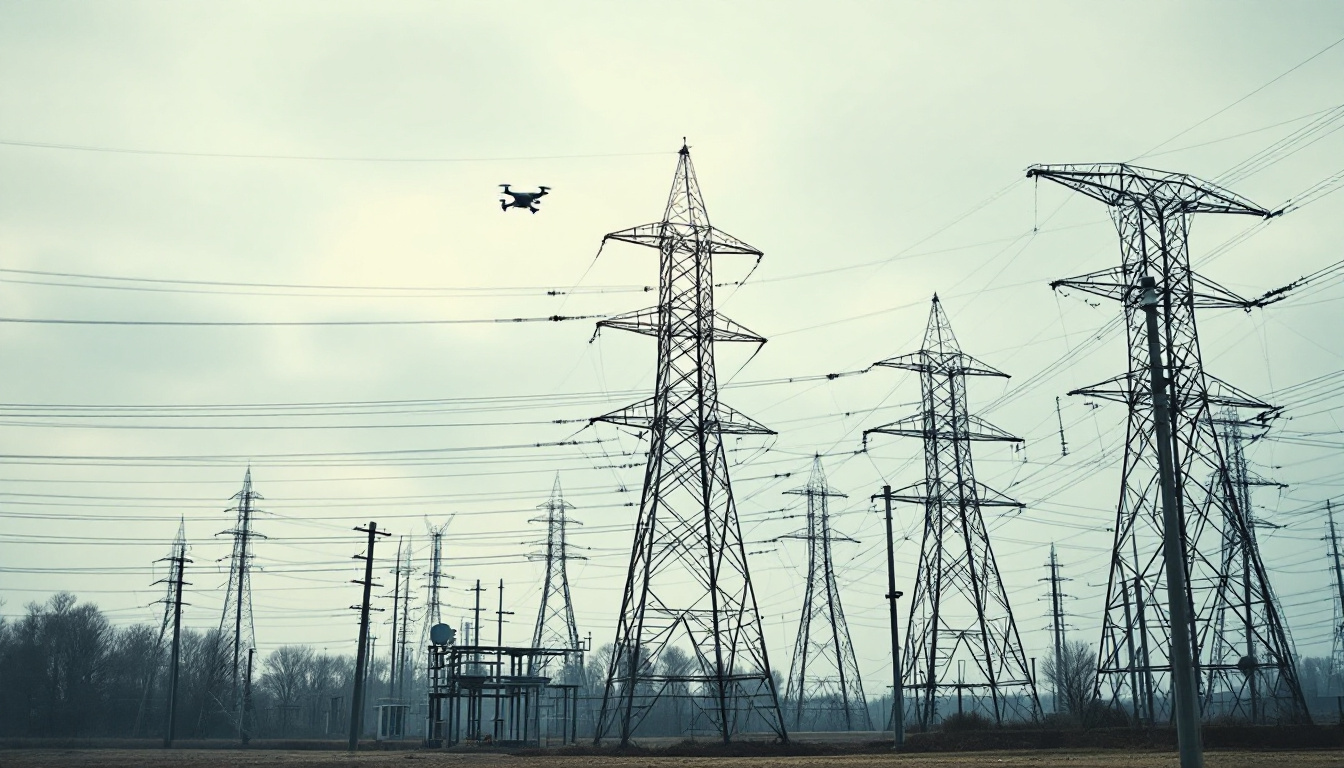 Umspannwerk mit Freileitungsmasten, am Himmel eine kleine Drohne