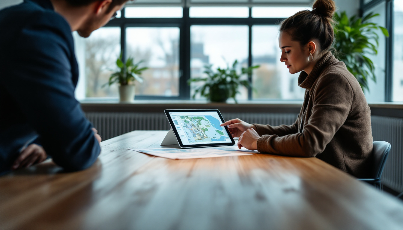 Zwei Personen besprechen an einem Tisch einen Lageplan auf einem Tablet